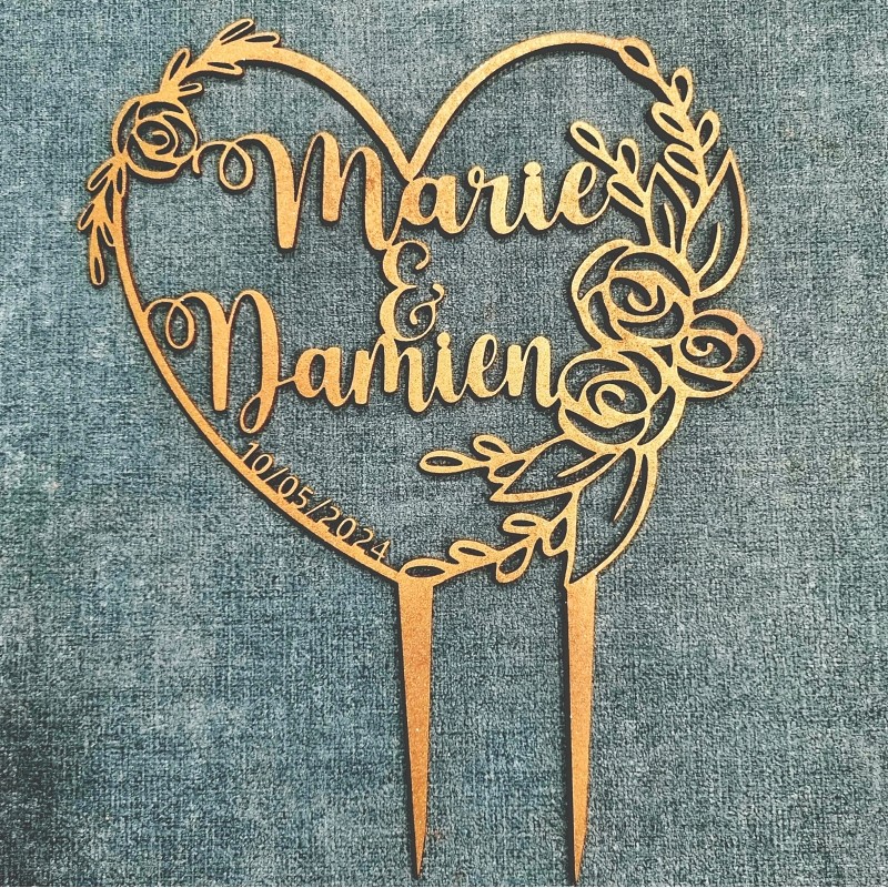 Cake Topper Personnalisé Miroir Rose Gold - Cœur Avec Prénoms, 20x18 Cm - Pour Gâteau Mariage, Baptême, Anniversaire